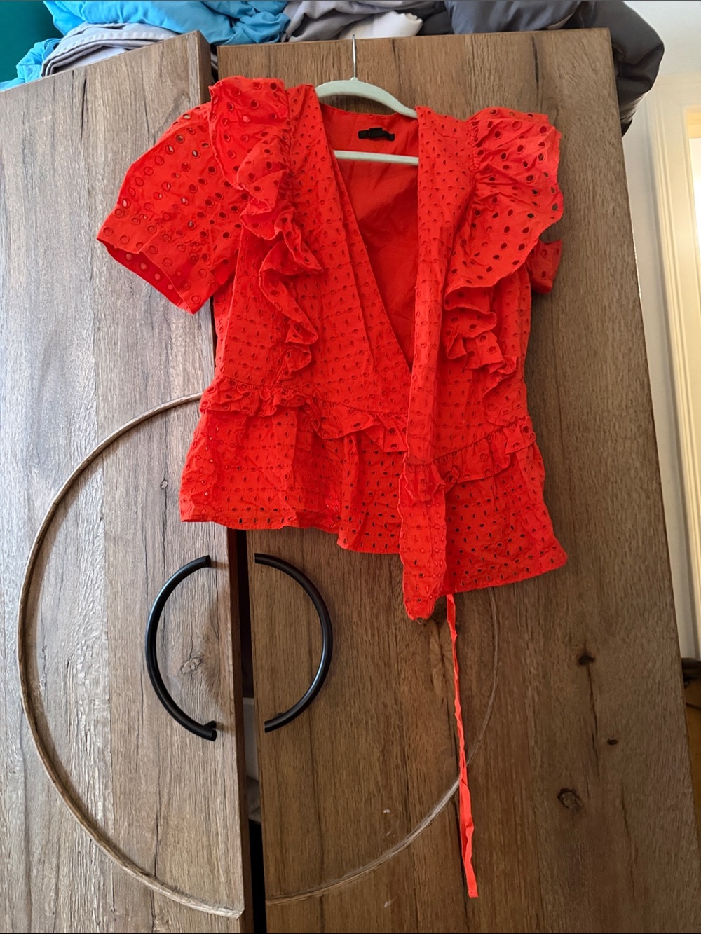 J. Crew Red Eyelet Ruffle Wrap Blouse